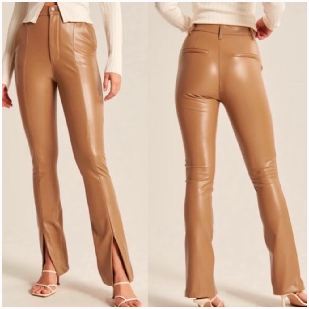 Abercrombie & Fitch Skinny High Rise Split Hem Faux Leather Tan Pants
